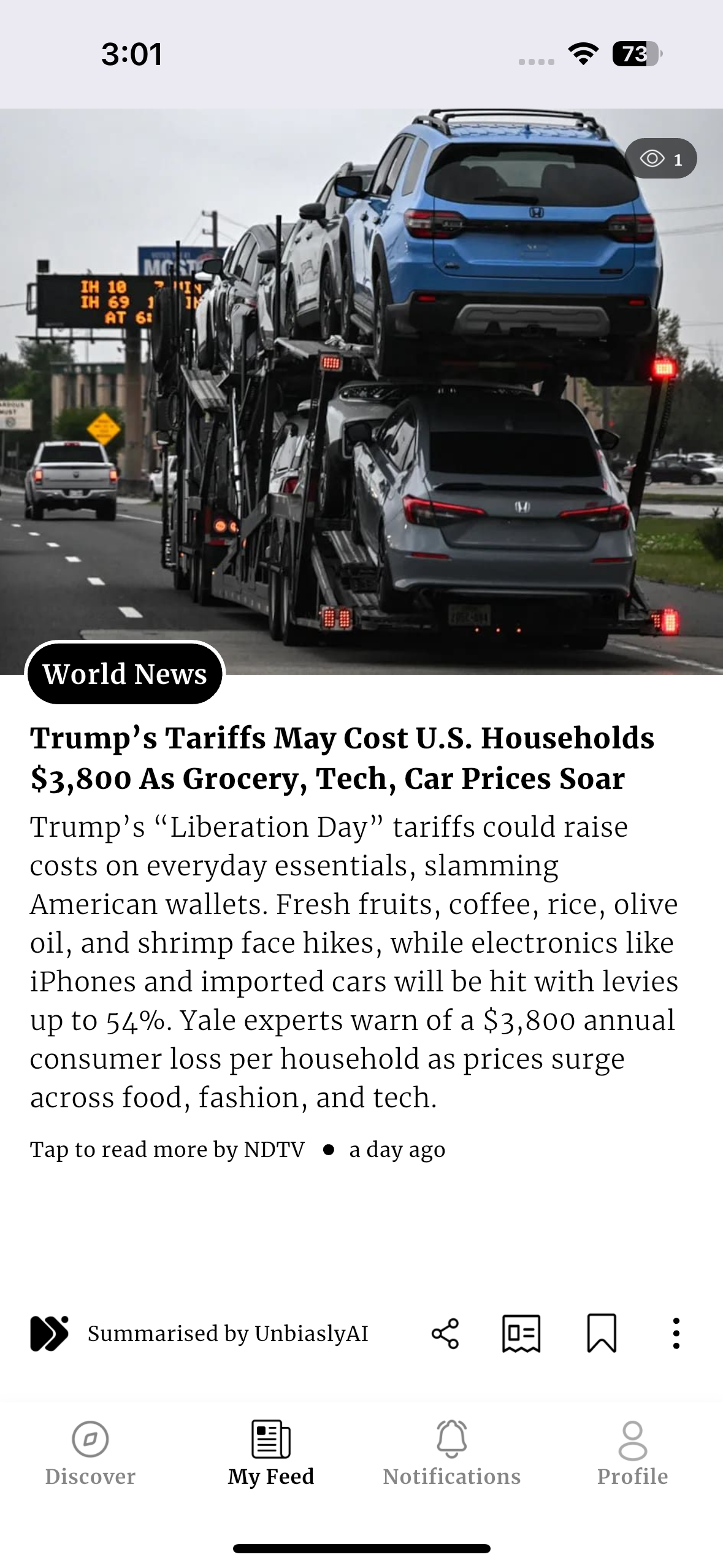 UnbiaslyAI mobile app — news feed with source attribution